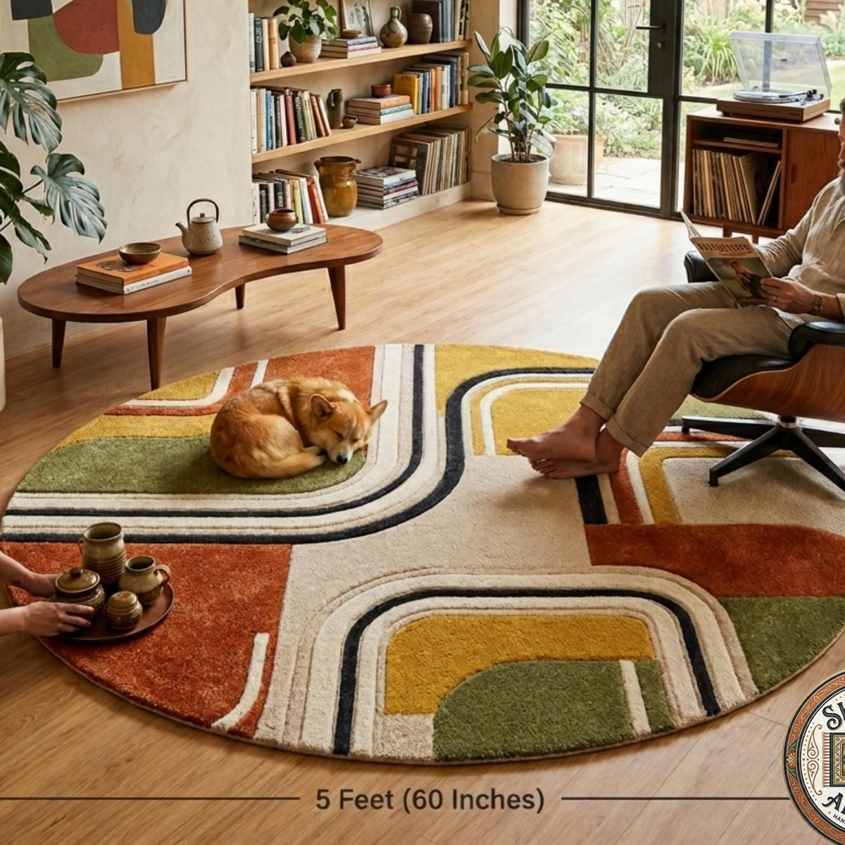 Colorful abstract geometric hand-tufted wool rug styled in a modern living room under a green accent armchair.