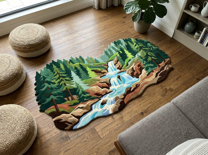 Hand-tufted New Zealand wool forest waterfall nature landscape area rug styled in a modern living room next to a couch.