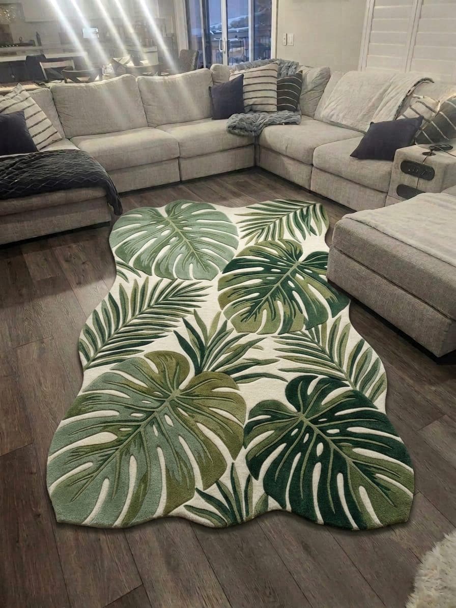 Organic shape layered Monstera leaf hand-tufted wool rug styled in a modern living room next to a gray sectional sofa.