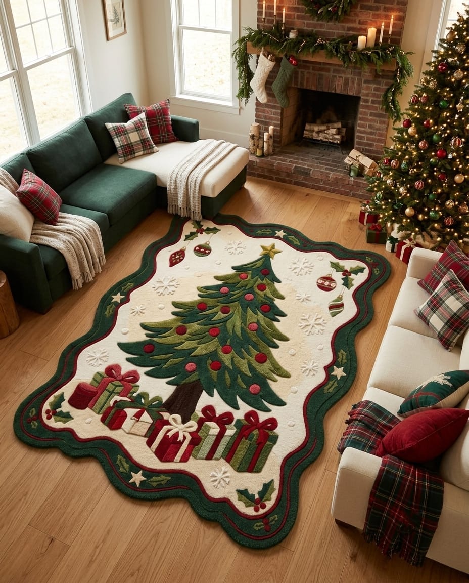 Vintage cream hand-tufted wool Christmas tree and presents area rug styled in a cozy aesthetic bedroom setting.