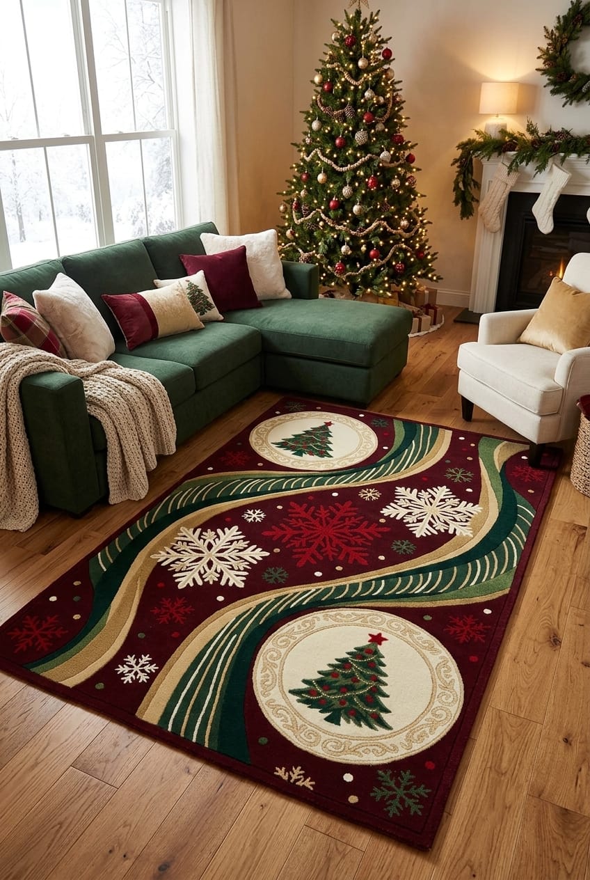 Vintage cream hand-tufted wool scalloped Christmas tree rectangle area rug styled in a cozy festive living room.