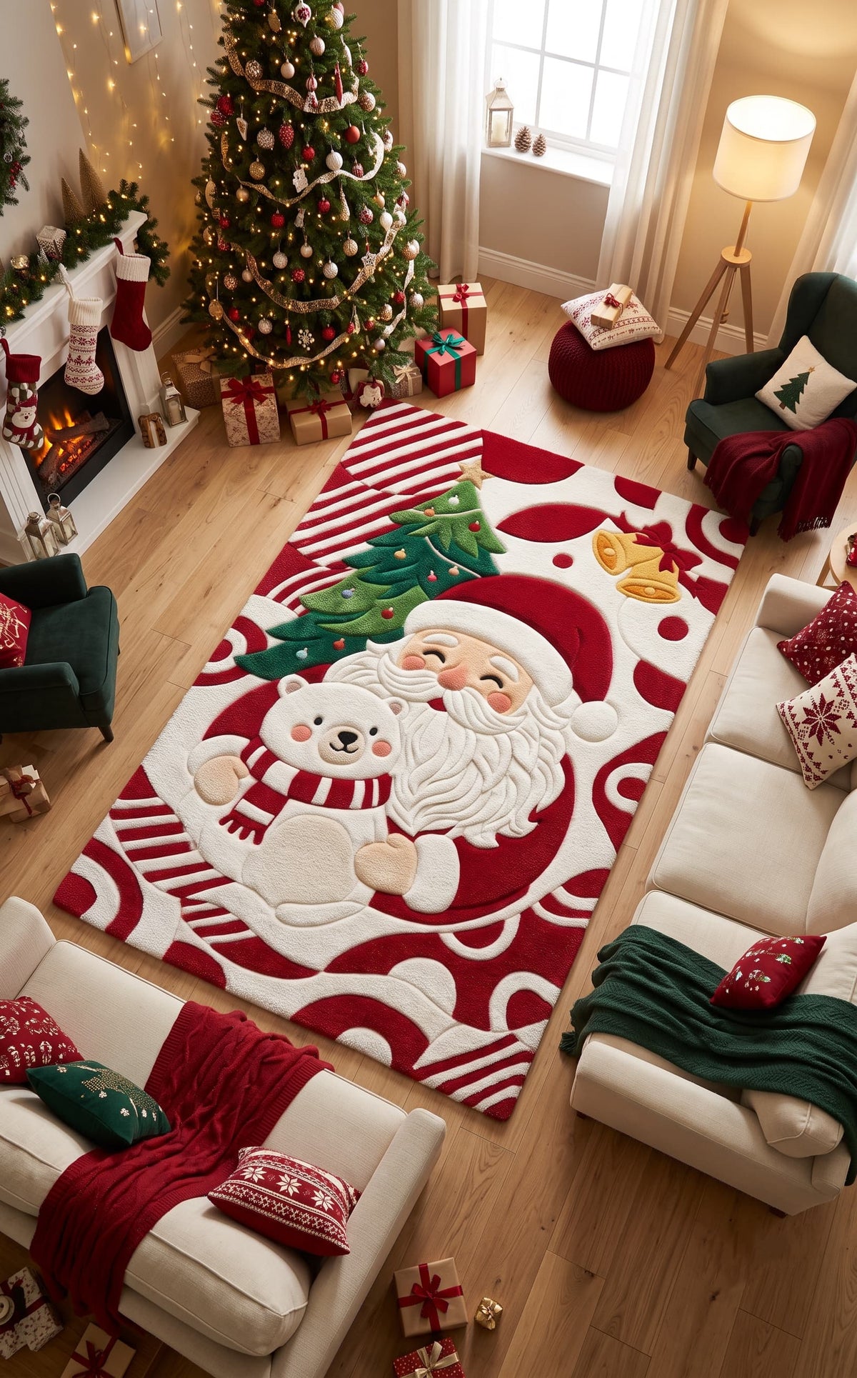 Festive red and green hand-tufted wool Christmas tree and snowflake area rug styled under a decorated holiday tree.