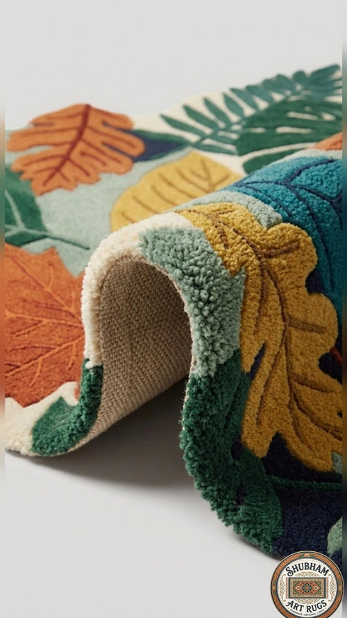 Hand Tufted Leaf Rug, Wool Botanical Carpet, Nature Area Rug, Custom Size