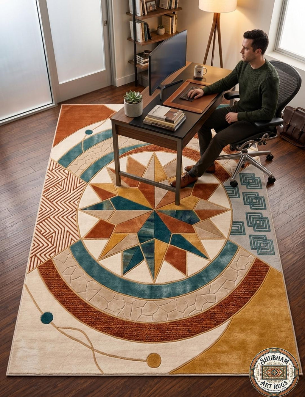 Hand Tufted Wool Rug, Geometric Compass Design, Modern Boho Living Room Carpet