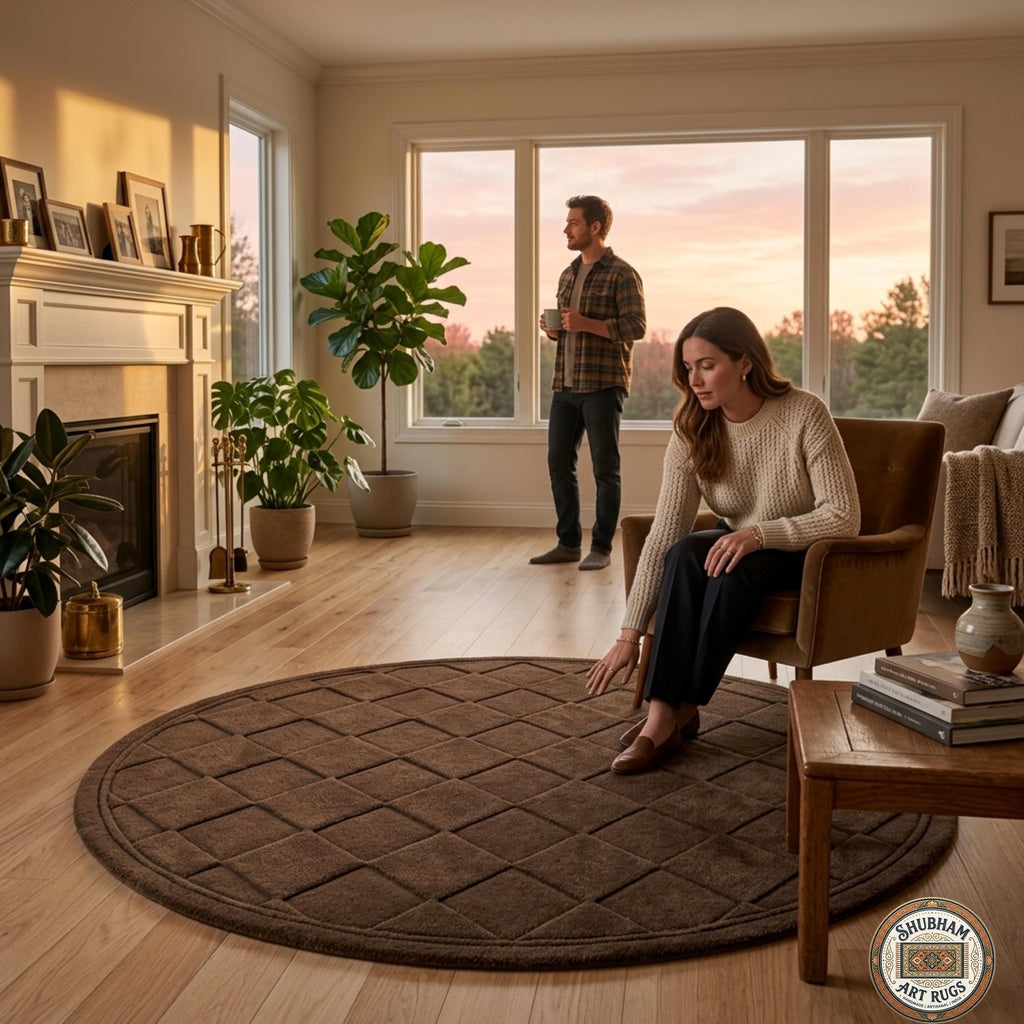 Hand Tufted Wool Rug: Brown Geometric Diamond Pattern, Plush Living Room Carpet