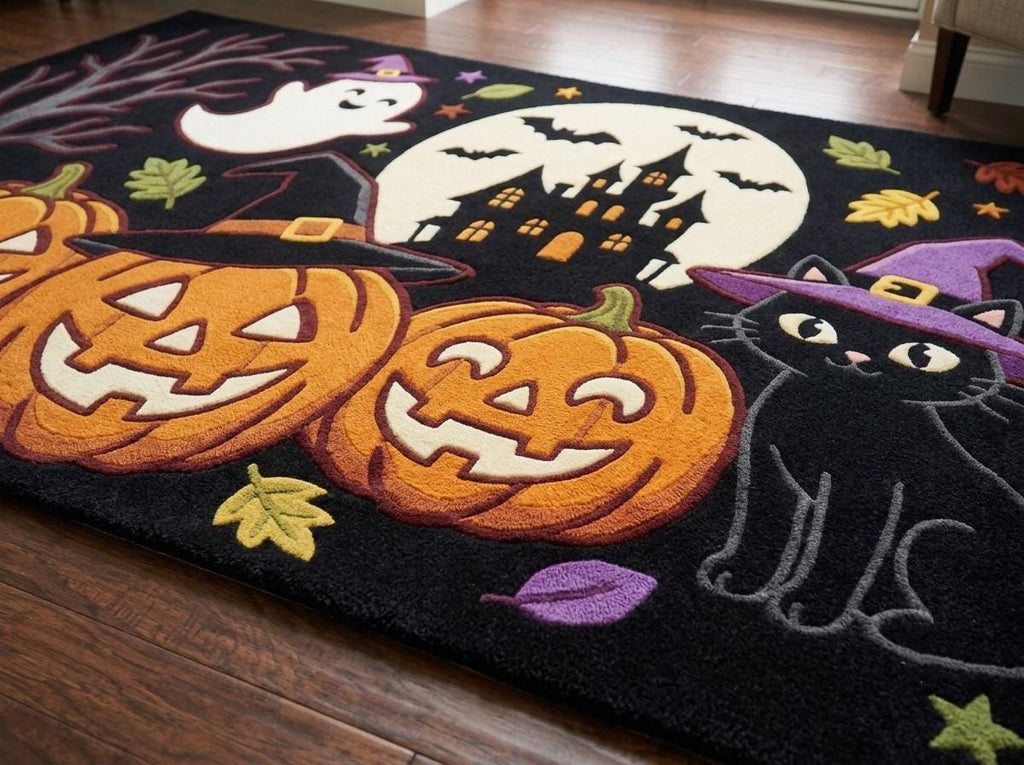 Halloween Pumpkin Ghost Rug, Hand Tufted New Zealand Wool Area Rug, Witchy Haunted House Decor, Spooky Fall Home Accent for Seasonal Style