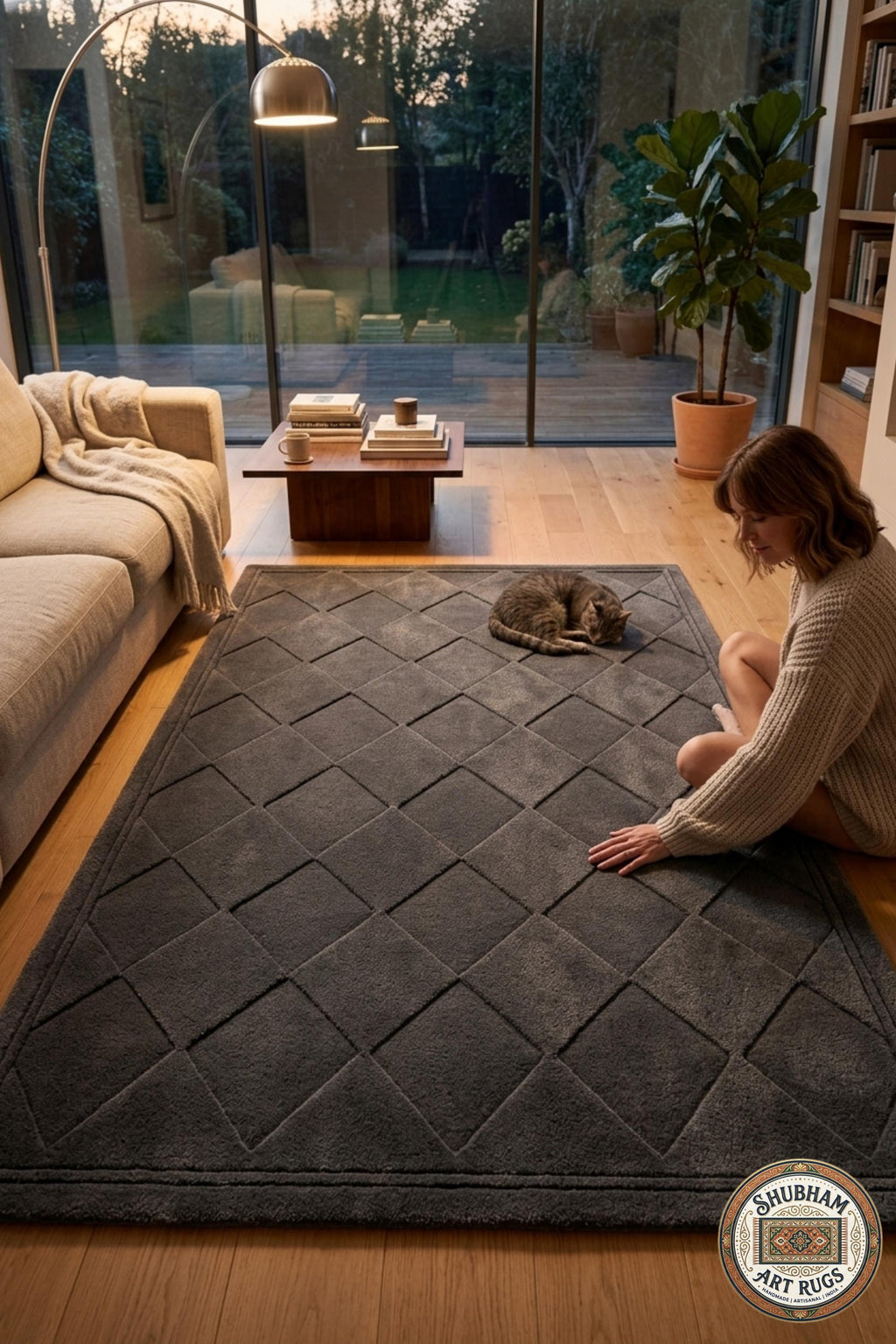 Hand Tufted Wool Rug: Dark Grey Geometric Diamond, Modern Minimalist Area Carpet