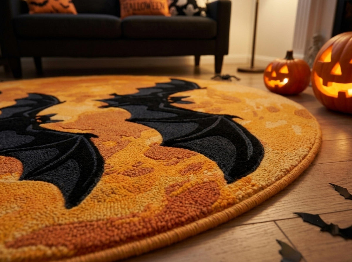 Halloween Bat Rug, Hand Tufted New Zealand Wool, Orange Moon Area Rug, Spooky Gothic Decor, Bat Lover Gift, Fall Home Accent Decor!