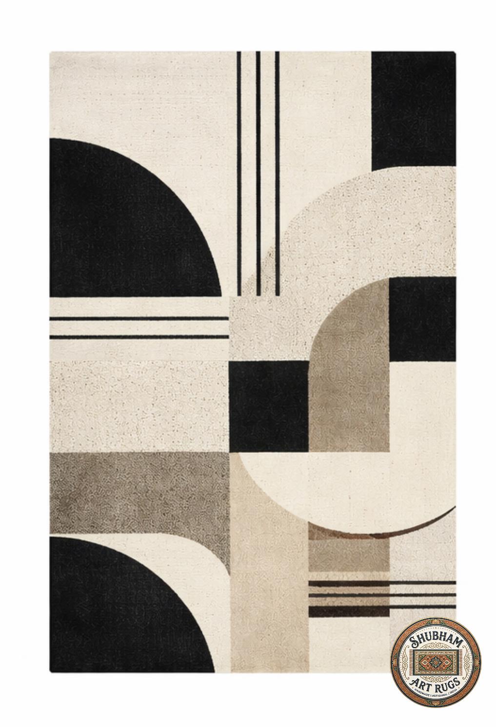 Hand Tufted Wool Rug, Modern Geometric Abstract Carpet, Black Beige Living Room