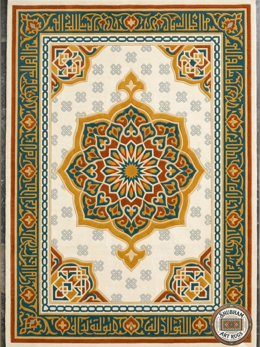 Hand Tufted Wool Rug, Islamic Moroccan Area Carpet, Cream Teal Gold Home Decor