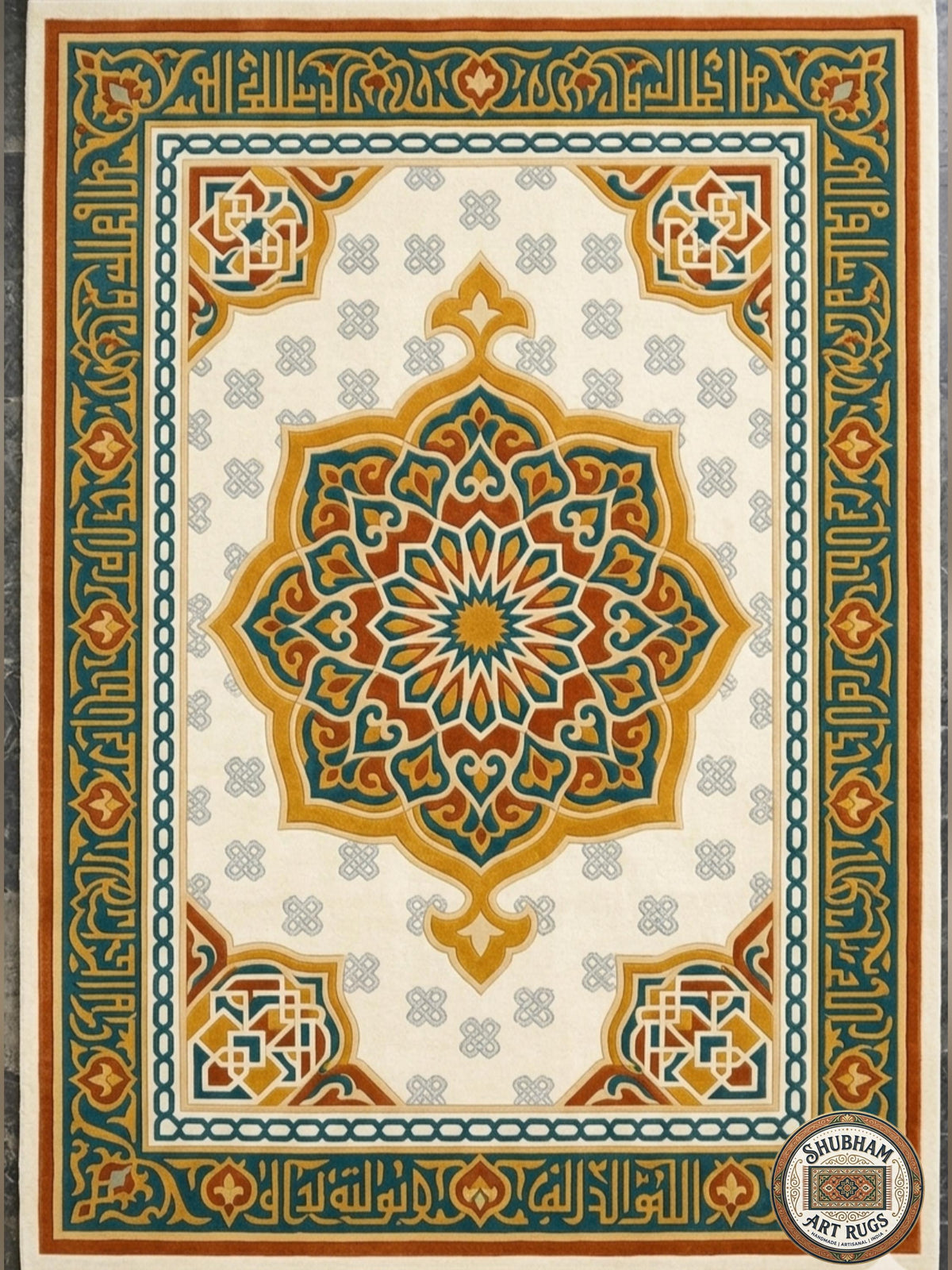 Hand Tufted Wool Rug, Islamic Moroccan Area Carpet, Cream Teal Gold Home Decor