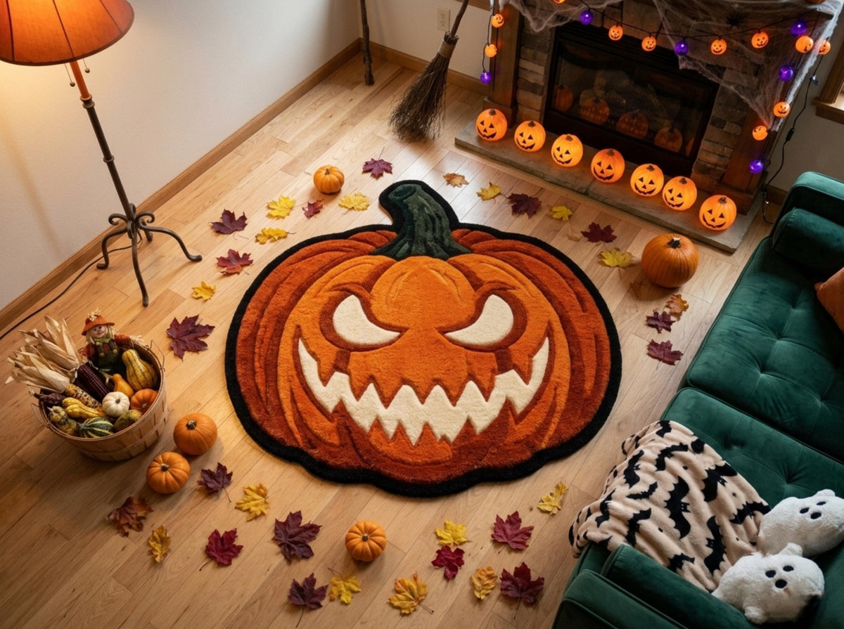 Halloween Pumpkin Rug, Hand Tufted New Zealand Wool, Jack O Lantern Area Rug, Spooky Fall Decor, Gothic Halloween Home Gift Decor!