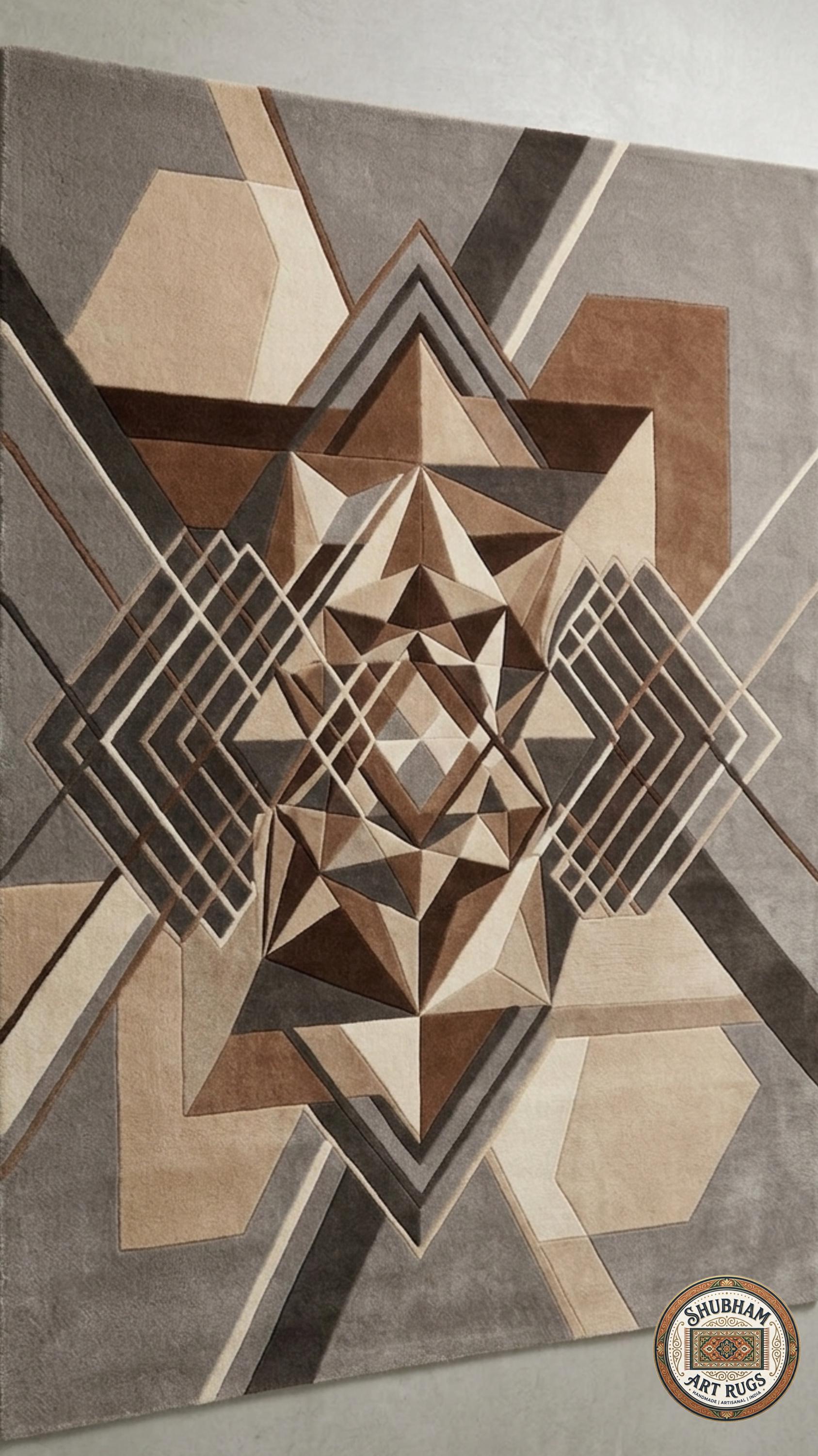 Hand Tufted Wool Rug: Modern Geometric Abstract Brown Beige Carpet