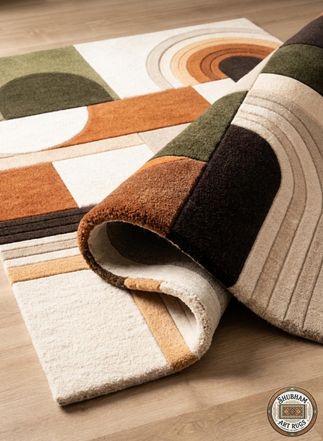Hand Tufted Wool Abstract Rug, Geometric Boho Neutral Area Carpet