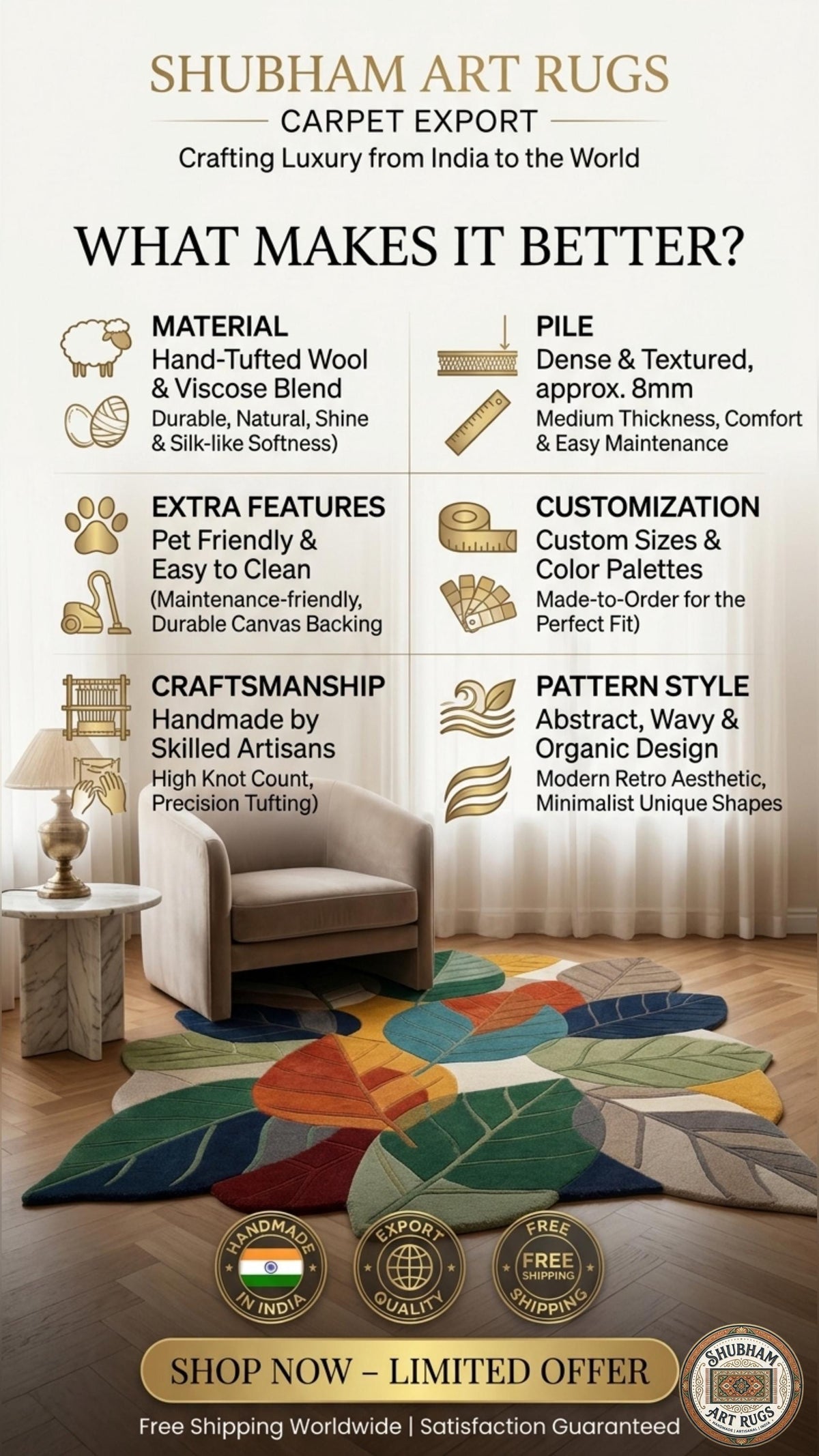 Hand Tufted Wool Leaf Rug, Organic Botanical Area Carpet, Modern Nature Decor