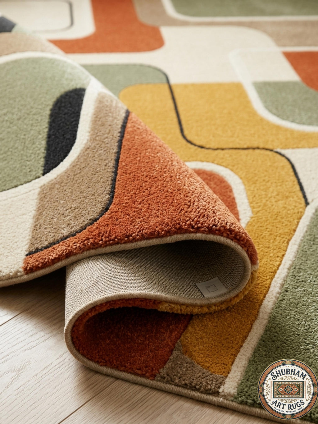 Hand Tufted Wool Rug, Mid Century Modern Abstract Geometric Carpet, Retro Runner