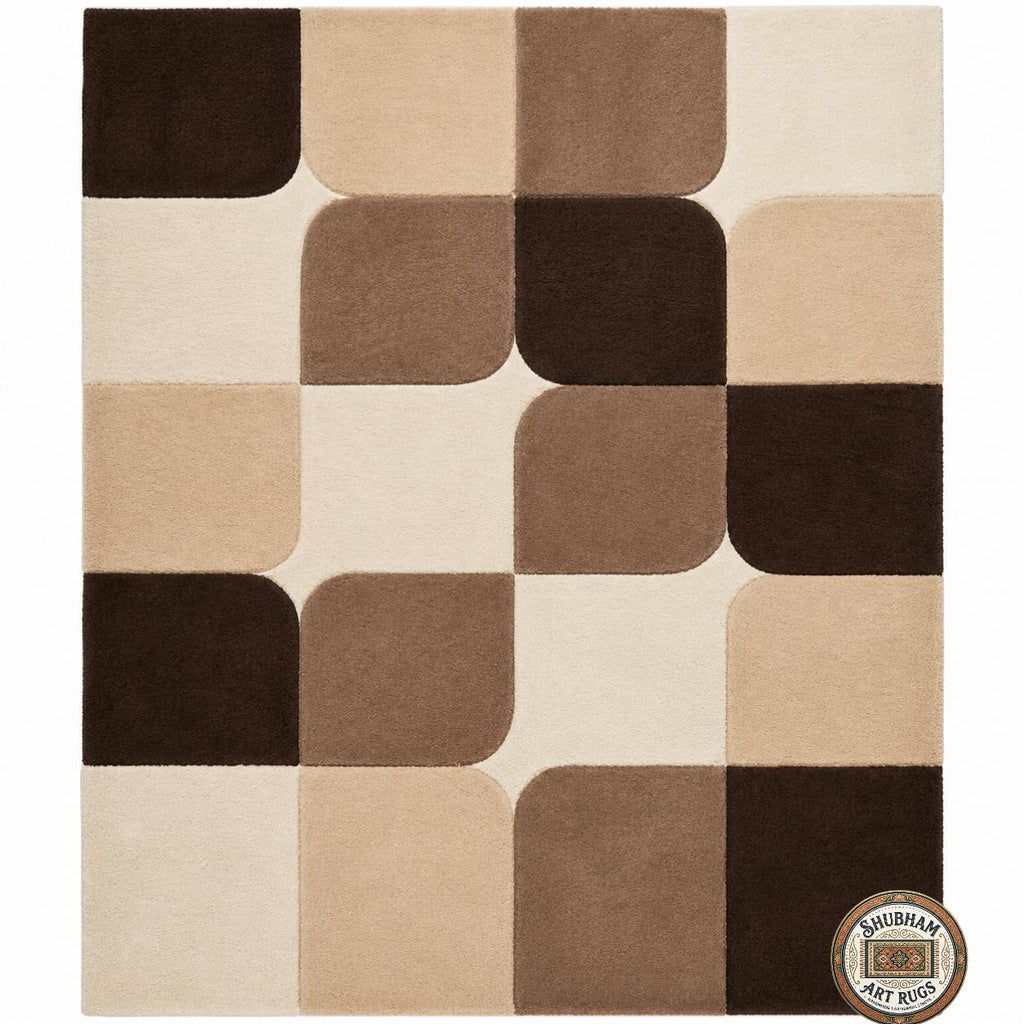 Hand Tufted Wool Runner Rug, Modern Geometric Hallway Carpet, Neutral Beige Brown, Indian Artistry