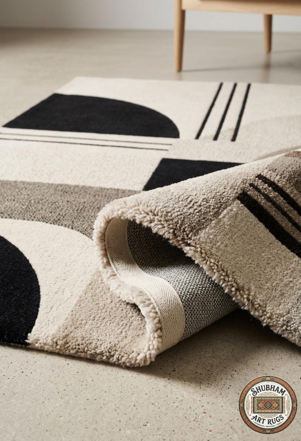 Hand Tufted Wool Rug, Modern Geometric Abstract Carpet, Black Beige Living Room