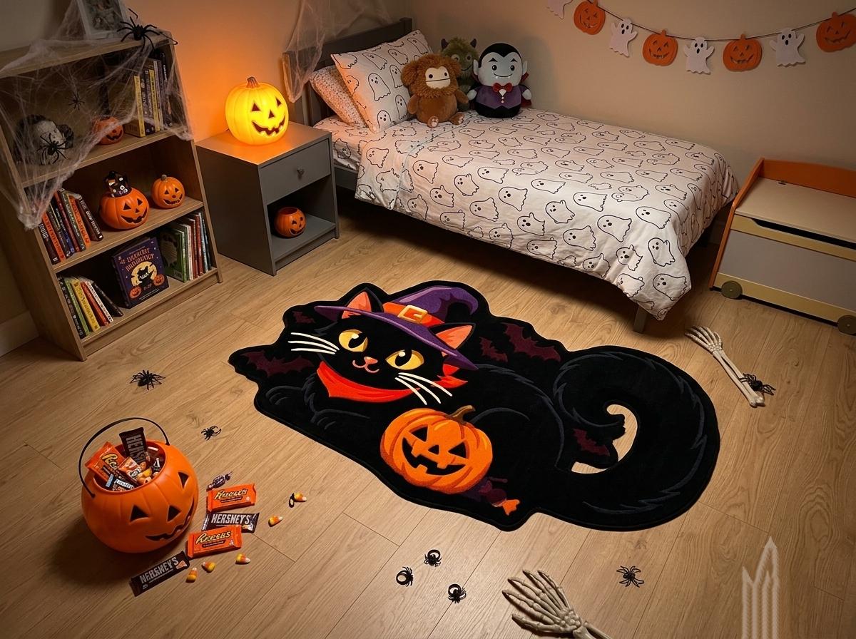 Hand Tufted Halloween Cat Rug, Black Cat Witch Rug, New Zealand Wool Area Rug, Spooky Pumpkin Decor, Gothic Fall Home Accent Gift Idea