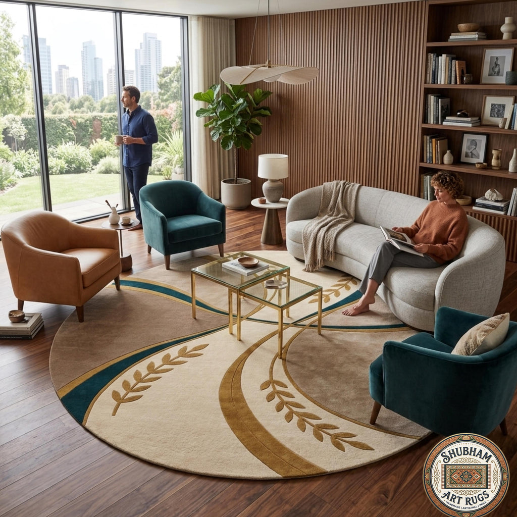 Alfombra de Lana Tufting Manual, Diseño Abstracto Moderno Beige Turquesa Oro, Alfombra para Sala de Estar Dormitorio