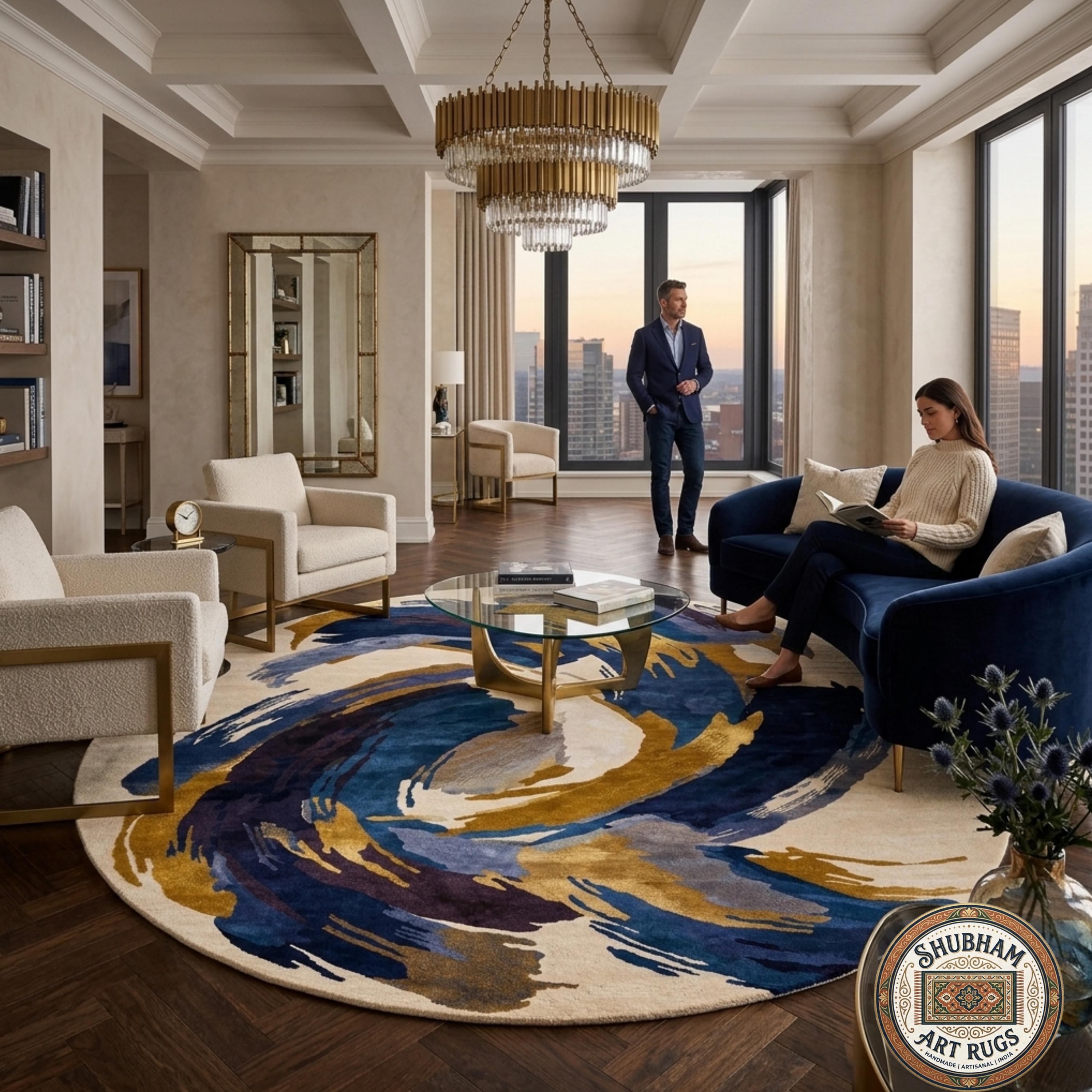 Alfombra de Lana Moderna Azul Dorado Abstracto, Hecha a Mano, de Copetudos, Tamaño Personalizado
