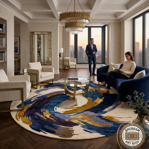 Alfombra de Lana Moderna Azul Dorado Abstracto, Hecha a Mano, de Copetudos, Tamaño Personalizado