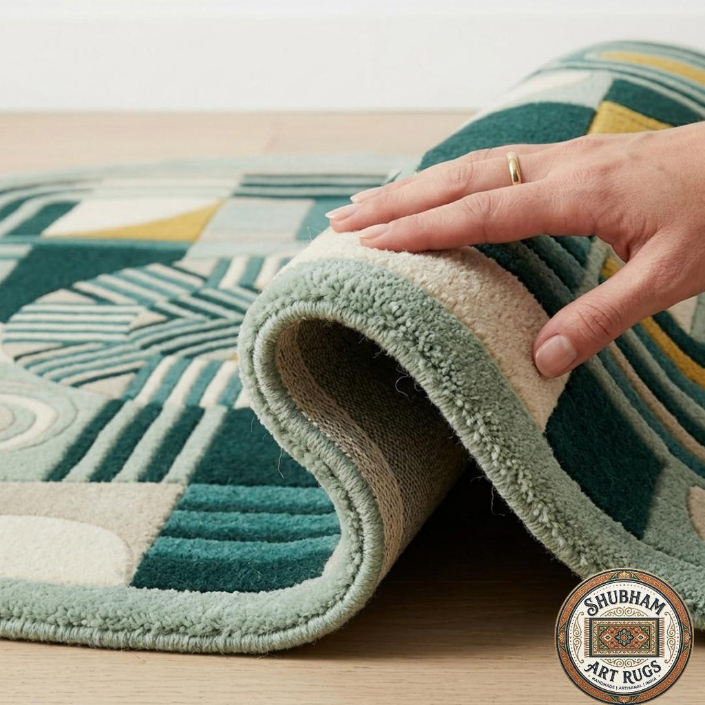 Hand Tufted Wool Rug, Modern Geometric Abstract Carpet, Green Cream Mustard, Custom Size