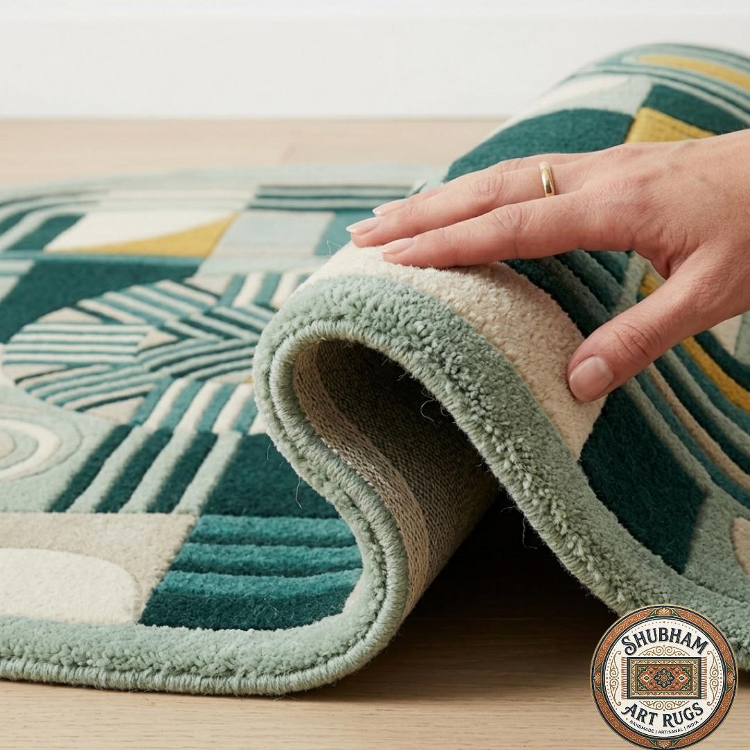 Hand Tufted Wool Rug, Modern Geometric Abstract Carpet, Green Cream Mustard, Custom Size