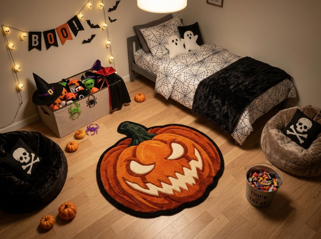 Halloween Pumpkin Rug, Hand Tufted New Zealand Wool, Jack O Lantern Area Rug, Spooky Fall Decor, Gothic Halloween Home Gift Decor!