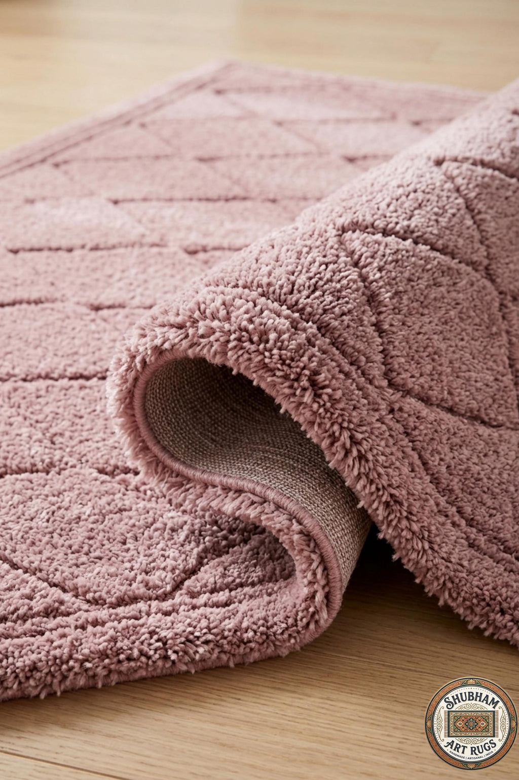 Hand Tufted Wool Rug: pink Geometric Diamond, Modern Minimalist Carpet, Soft Dense Pile