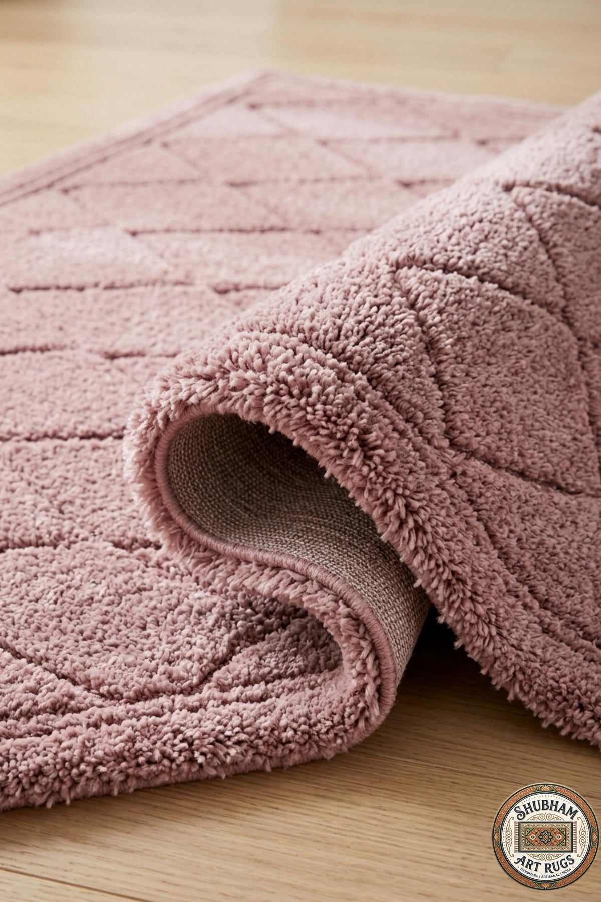 Hand Tufted Wool Rug: pink Geometric Diamond, Modern Minimalist Carpet, Soft Dense Pile