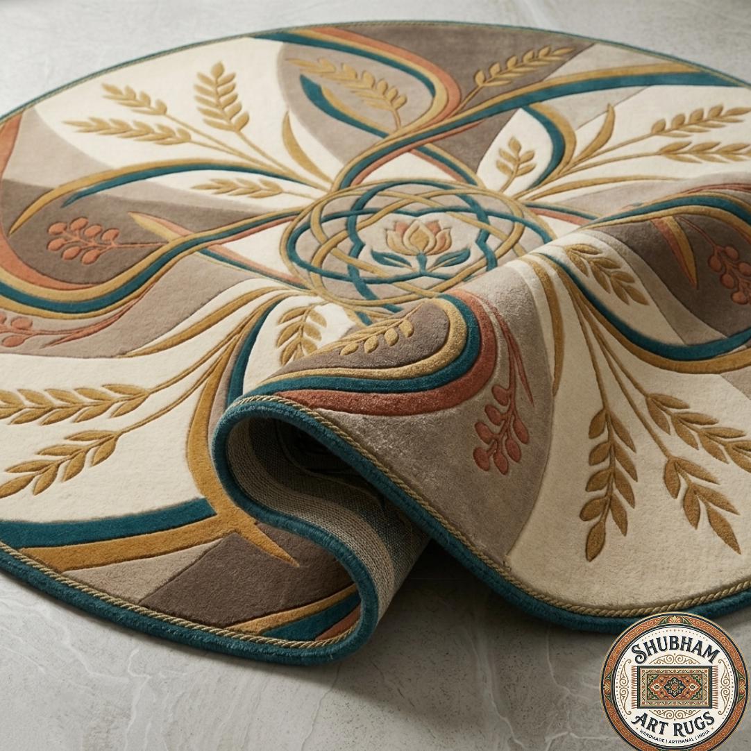 Hand Tufted Wool Round Rug, Floral Abstract Art Deco, Beige Green Gold Living Room