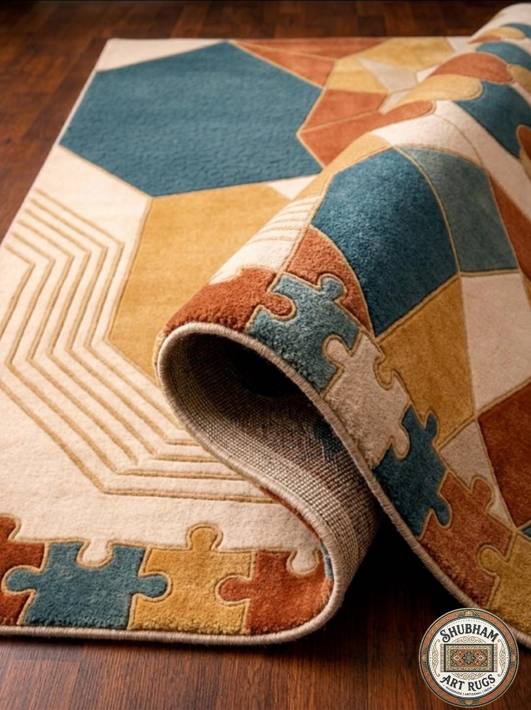 Hand Tufted Wool Rug, Abstract Geometric Puzzle Design, Modern Boho Carpet