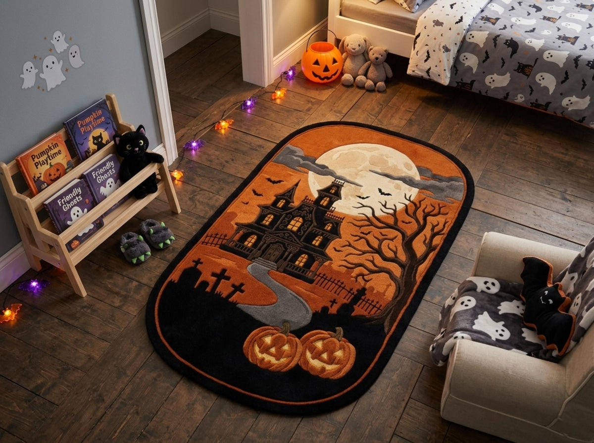 Hand Tufted New Zealand Wool Halloween Rug, Haunted House, Gothic Pumpkin Area Rug