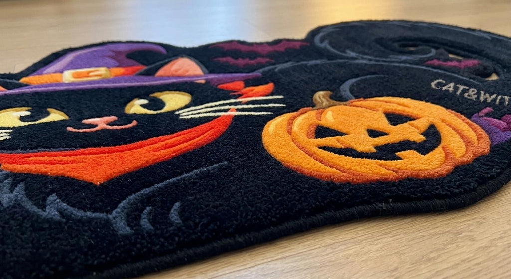 Hand Tufted Halloween Cat Rug, Black Cat Witch Rug, New Zealand Wool Area Rug, Spooky Pumpkin Decor, Gothic Fall Home Accent Gift Idea