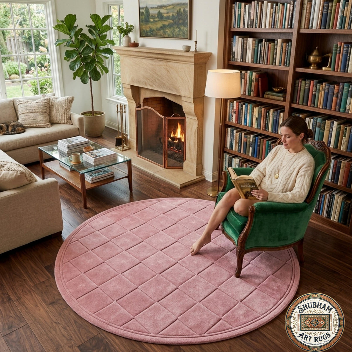 Hand Tufted Wool Rug: pink Geometric Diamond, Modern Minimalist Carpet, Soft Dense Pile