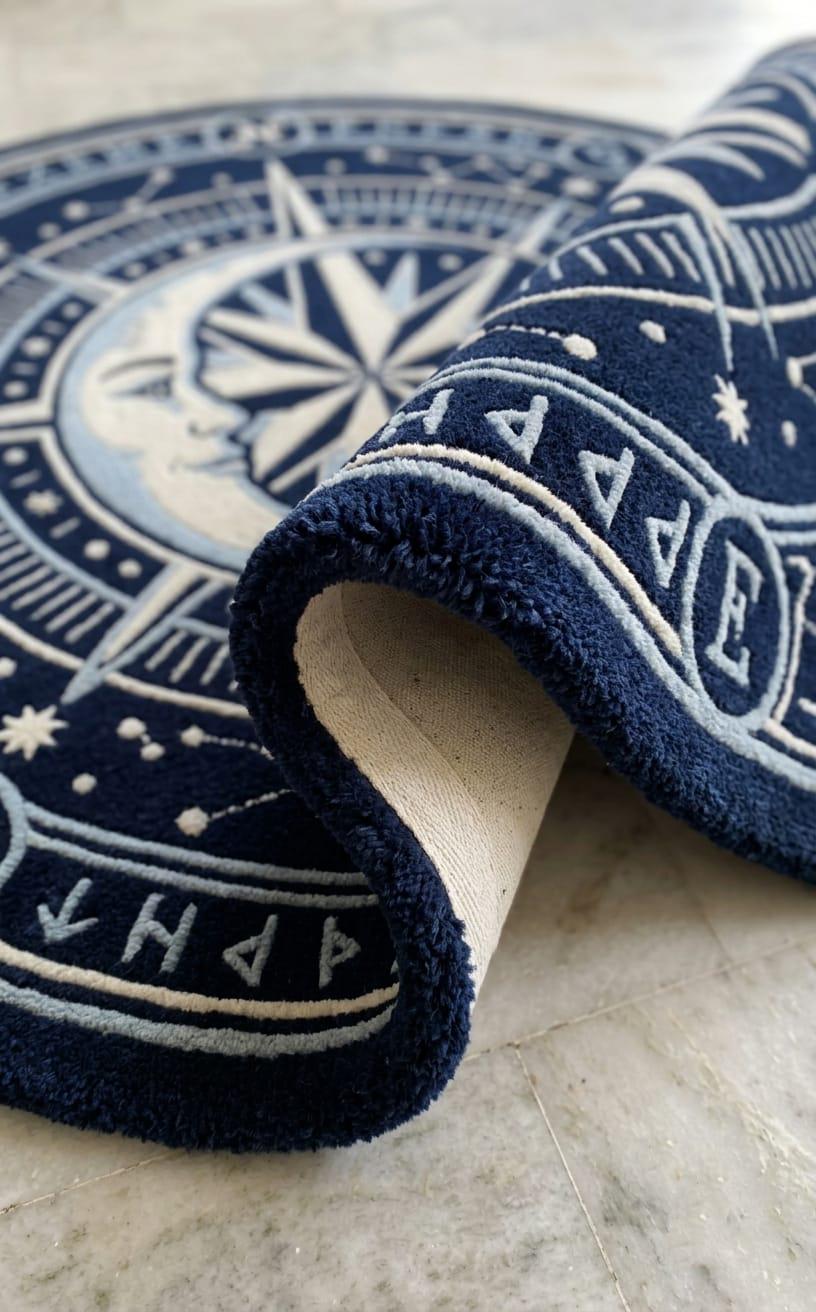Hand Tufted New Zealand Wool Celestial Compass Rug, Moon Stars Astrology Living Room Decor Rug
