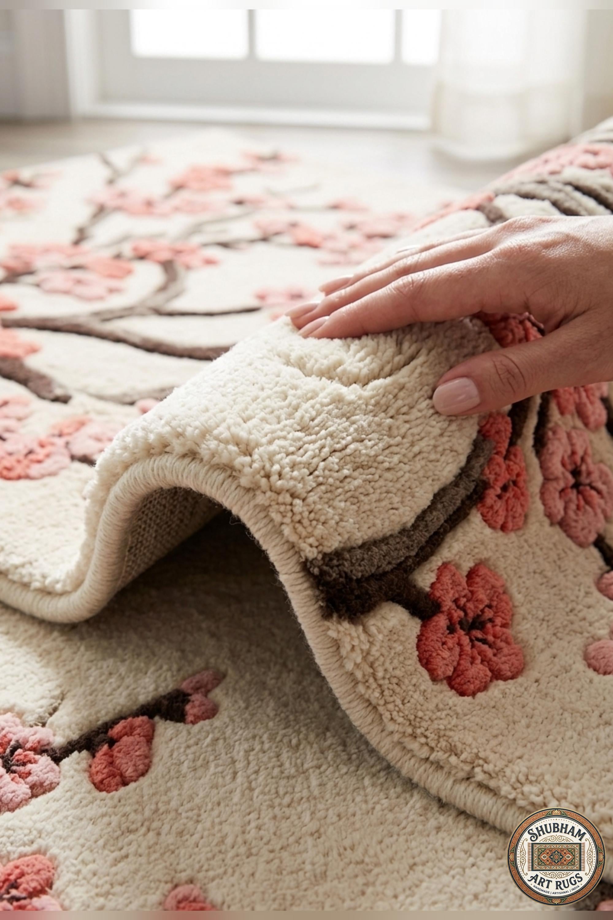 Hand Tufted Wool Cherry Blossom Rug, Sakura Floral Area Carpet, Luxury Decor