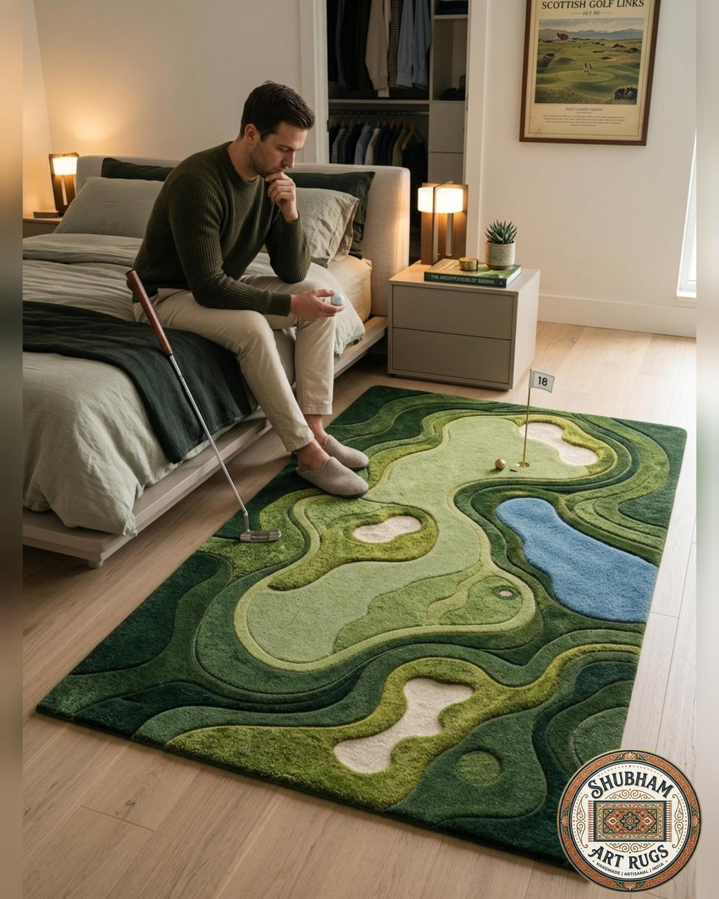 Hand Tufted Wool Golf Course Rug, Abstract Green Area Carpet, Modern Living Room Decor