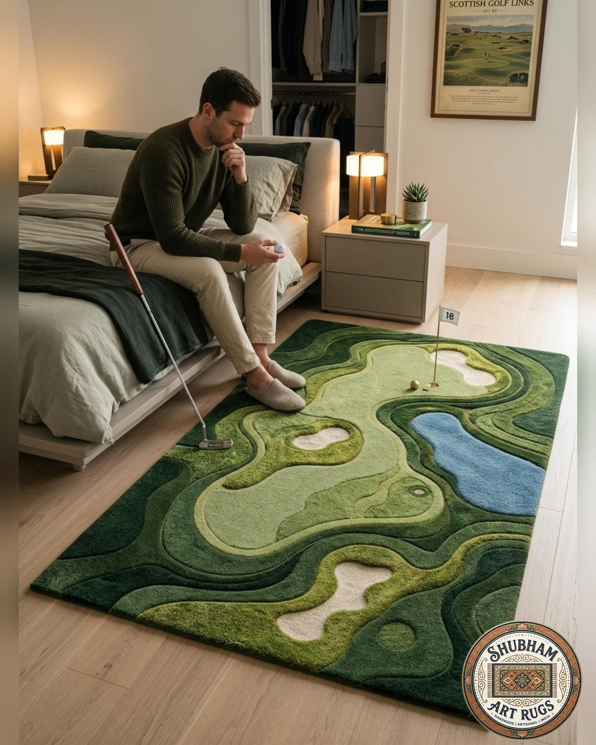 Hand Tufted Wool Golf Course Rug, Abstract Green Area Carpet, Modern Living Room Decor