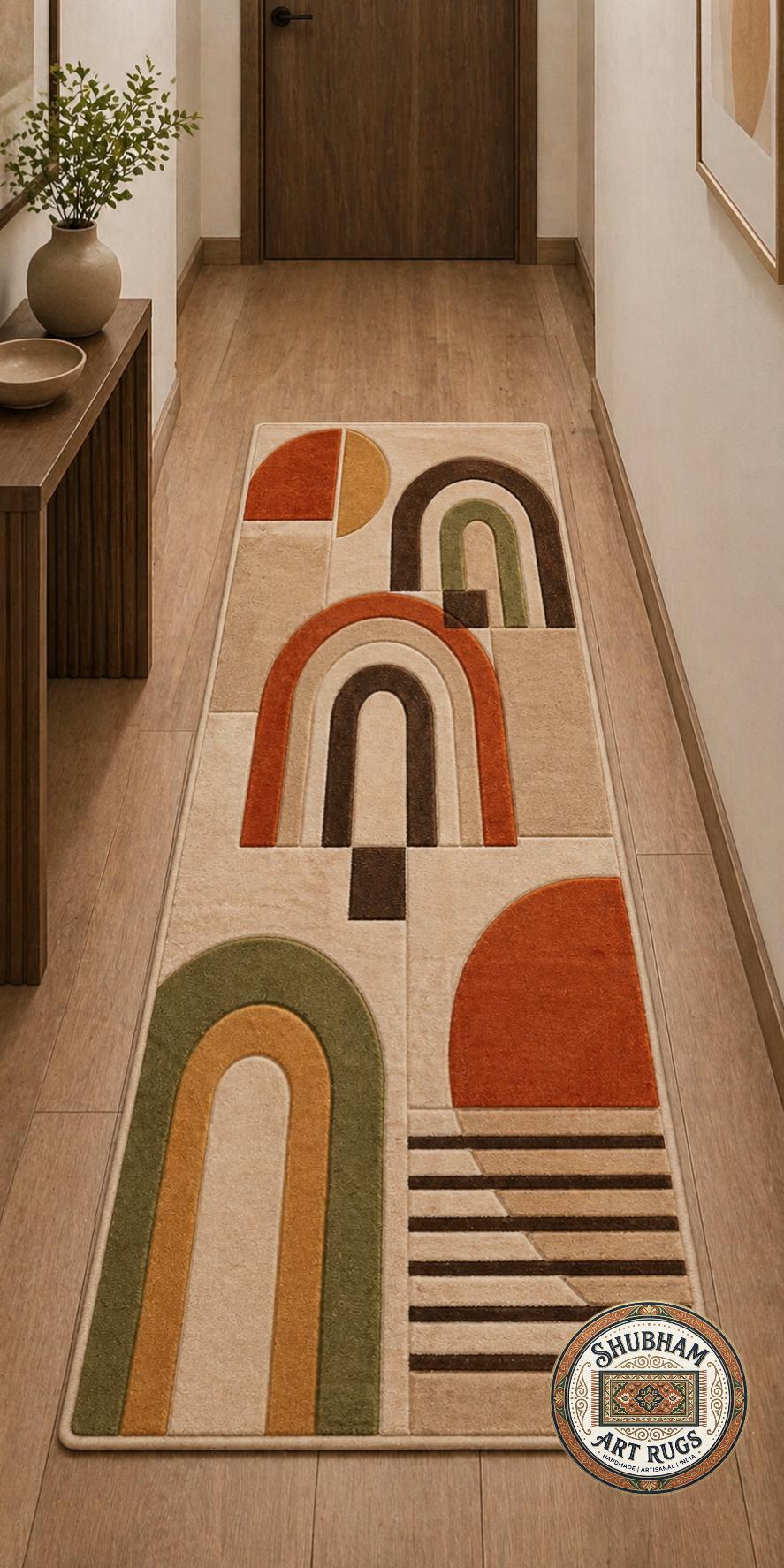 Hand Tufted Wool Rug, Retro Arch Geometric, Mid Century Modern Abstract Carpet