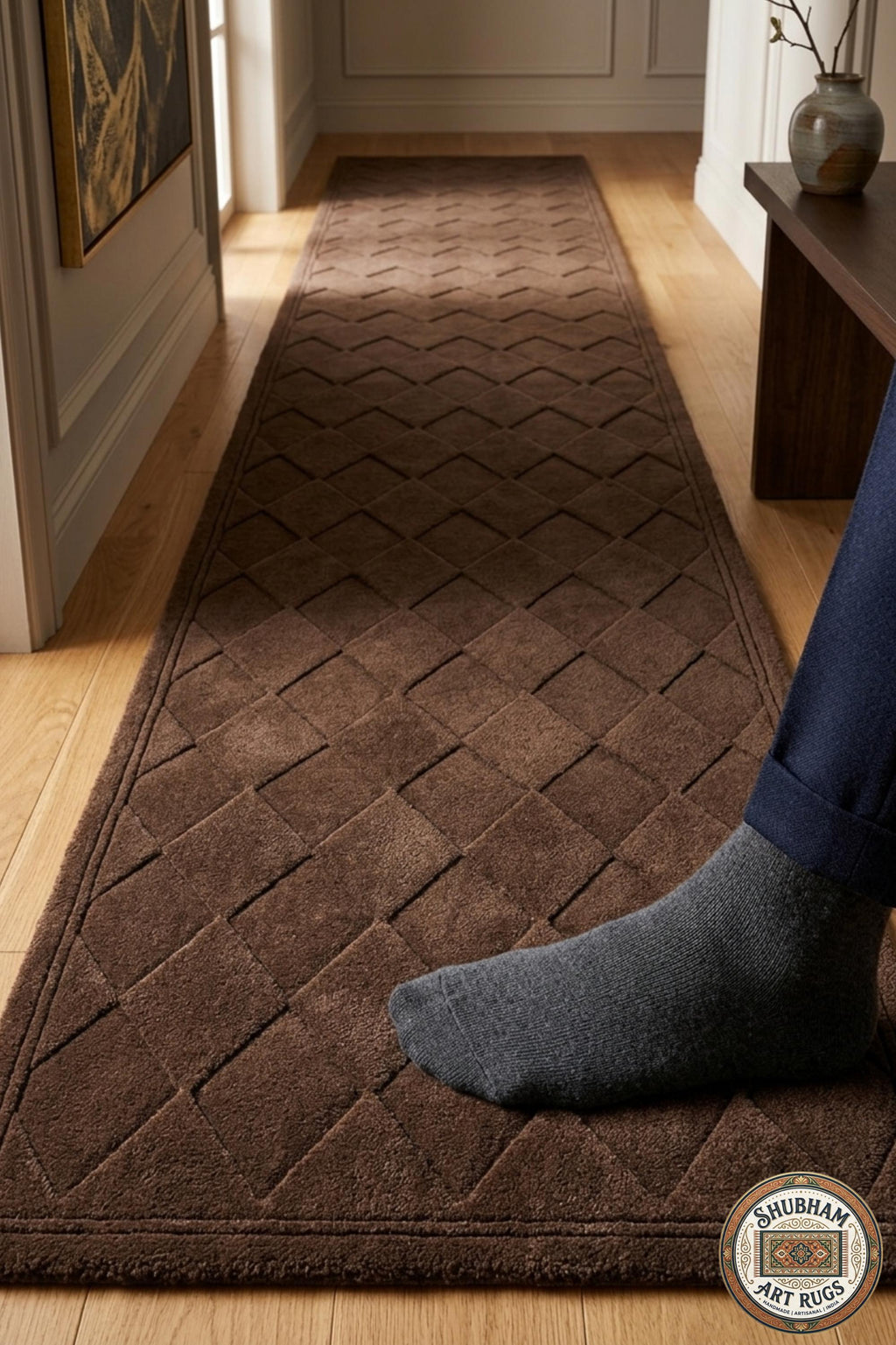 Hand Tufted Wool Rug: Brown Geometric Diamond Pattern, Plush Living Room Carpet