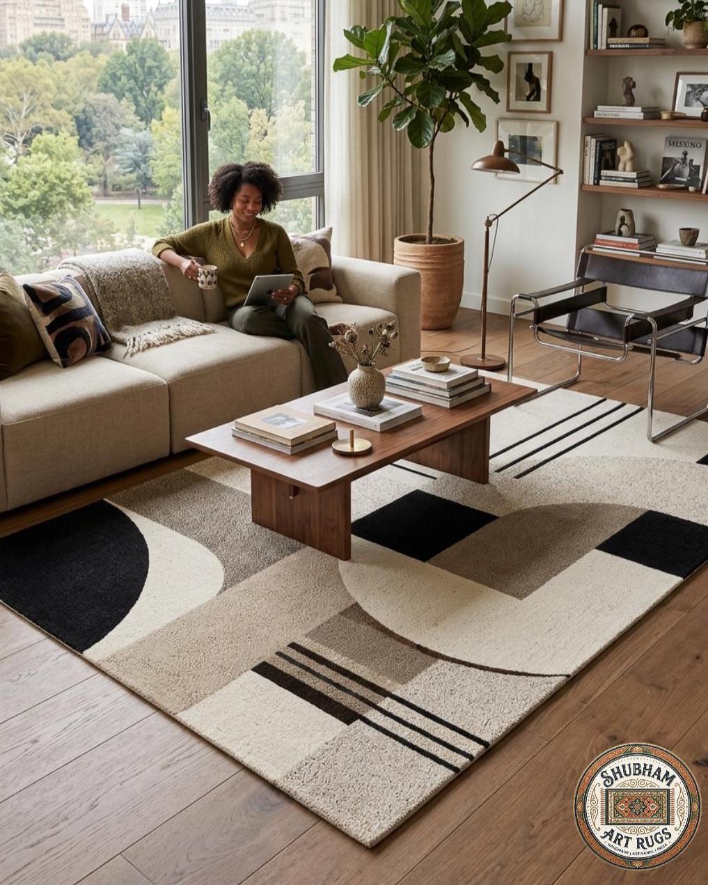 Hand Tufted Wool Rug, Modern Geometric Abstract Carpet, Black Beige Living Room