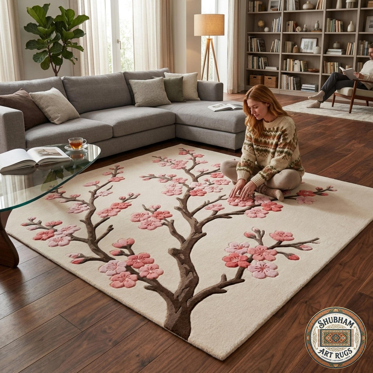 Hand Tufted Wool Cherry Blossom Rug, Floral Sakura Carpet, Shubham Art Rugs