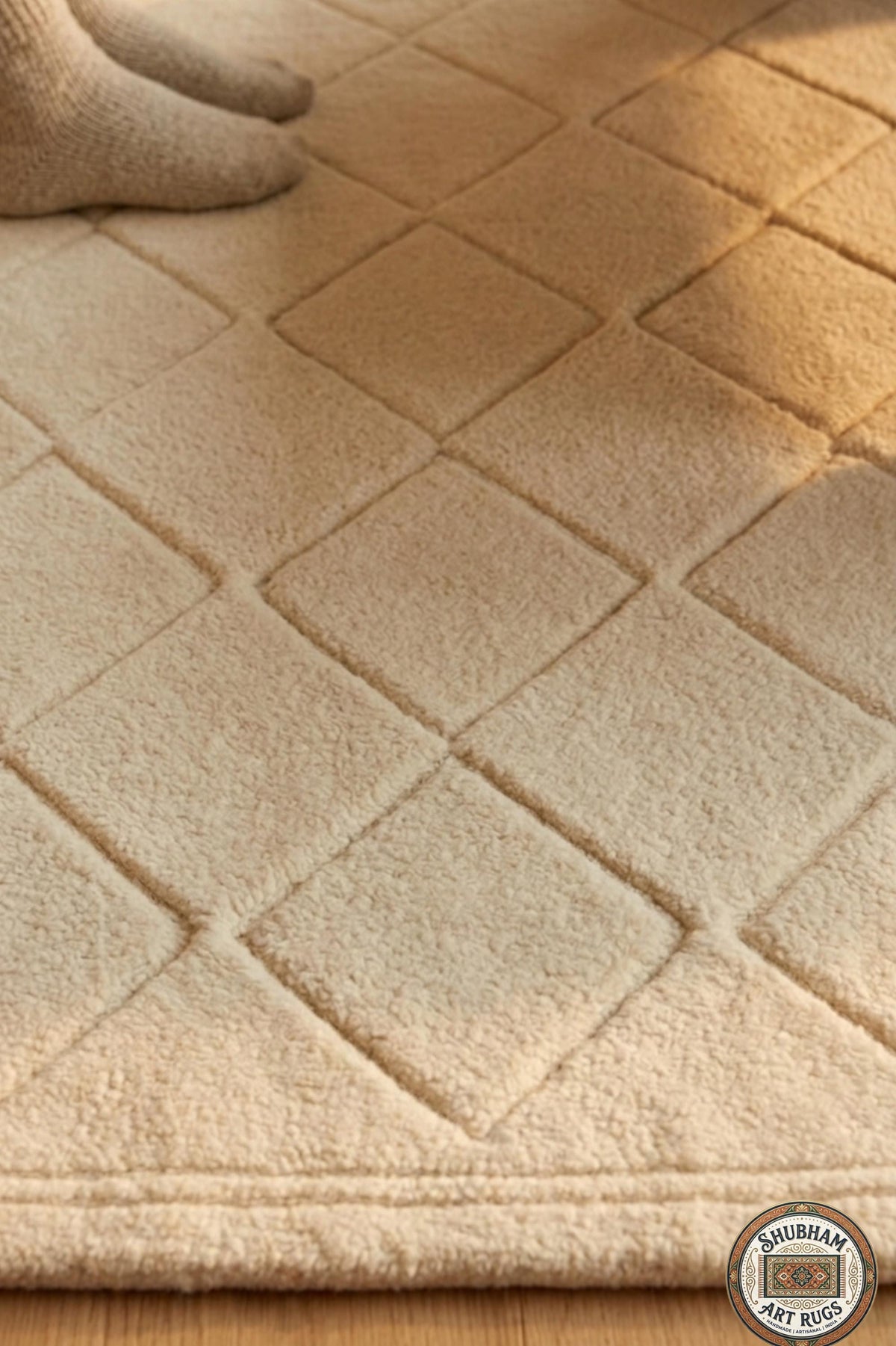 Hand Tufted Wool Rug: Ivory Geometric Diamond, Plush Modern Carpet
