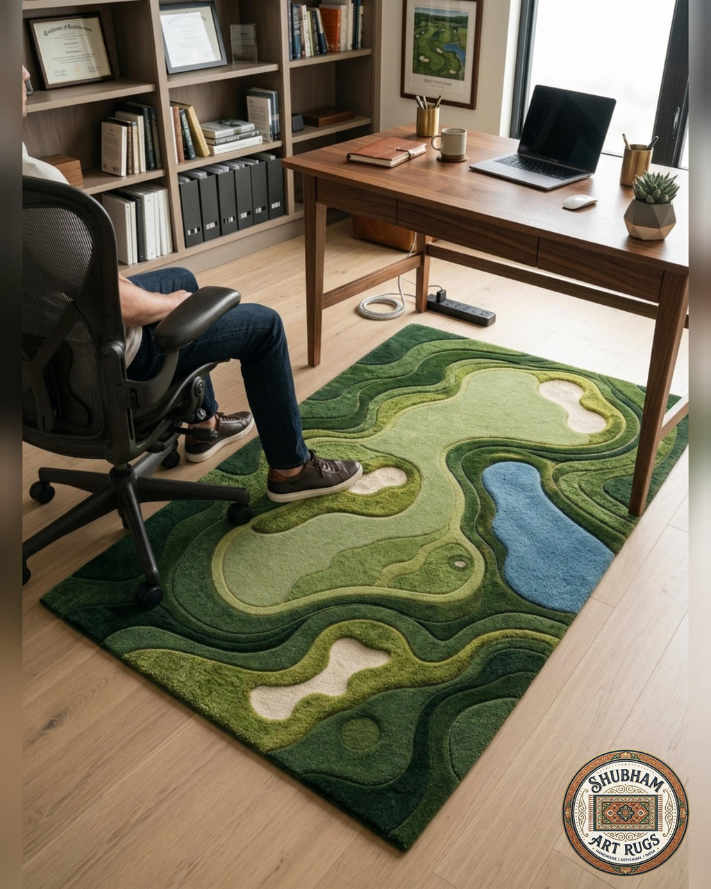 Hand Tufted Wool Golf Course Rug, Abstract Green Area Carpet, Modern Living Room Decor
