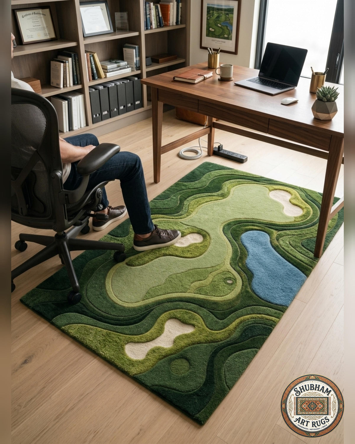 Hand Tufted Wool Golf Course Rug, Abstract Green Area Carpet, Modern Living Room Decor