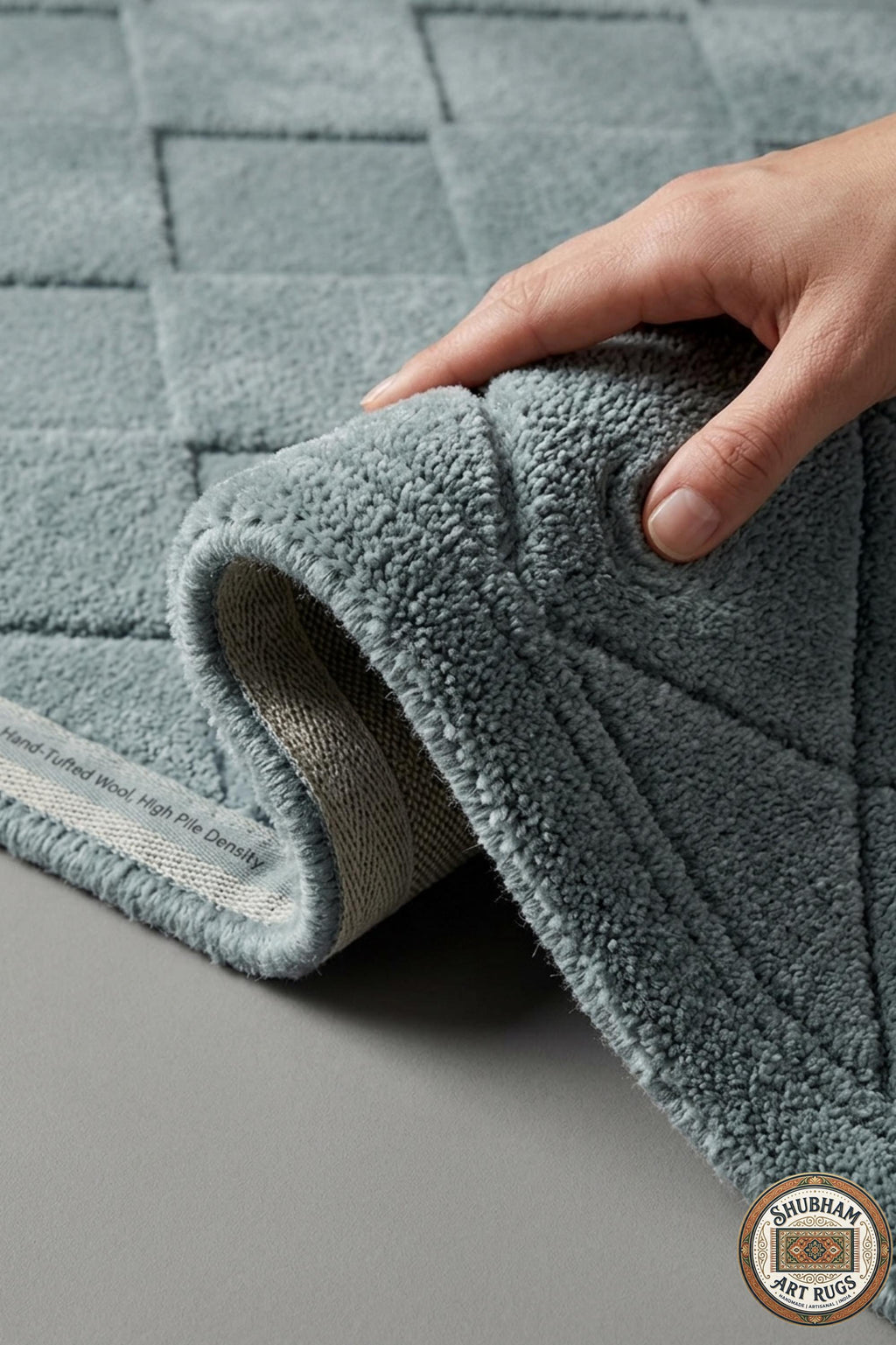 Alfombra de Lana Azul de Tufting Manual Geométrico – Tapete Moderno Minimalista para Sala de Estar