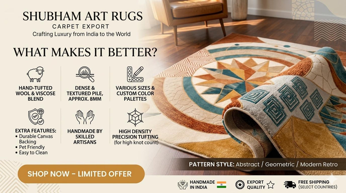 Hand Tufted Wool Rug, Geometric Compass Design, Modern Boho Living Room Carpet