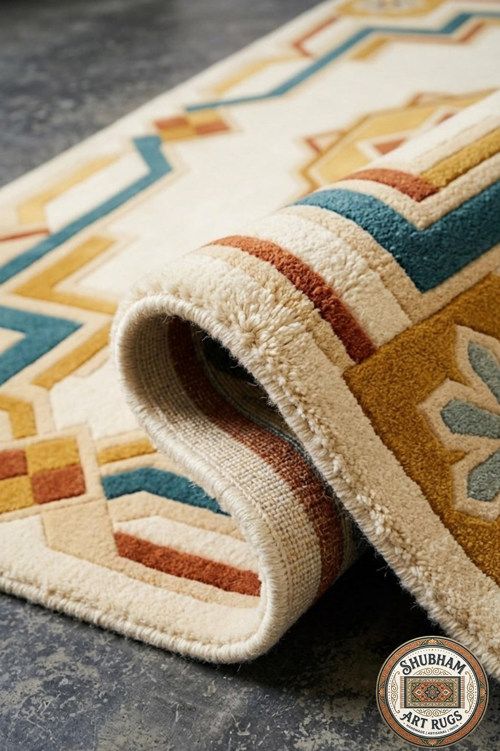 Hand Tufted Wool Rug, Persian Geometric , Cream Teal Gold Moroccan Style